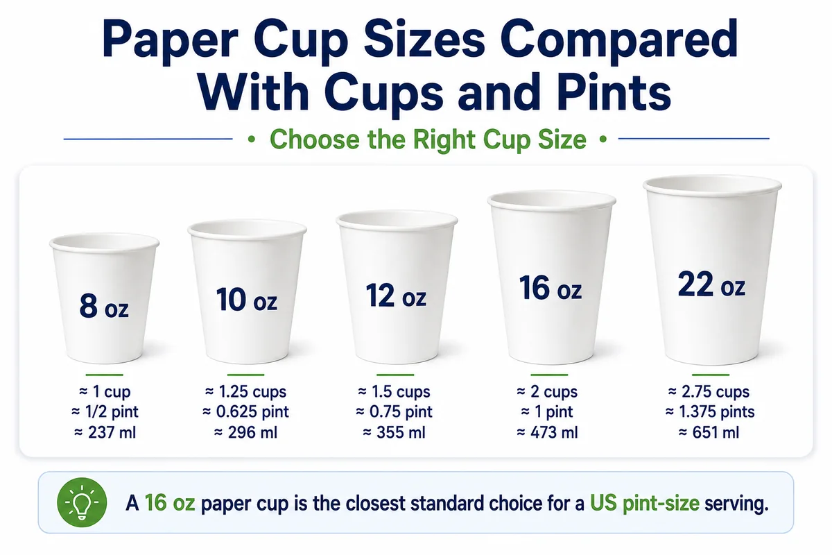 Paper cup sizes compared with cups and pints infographic