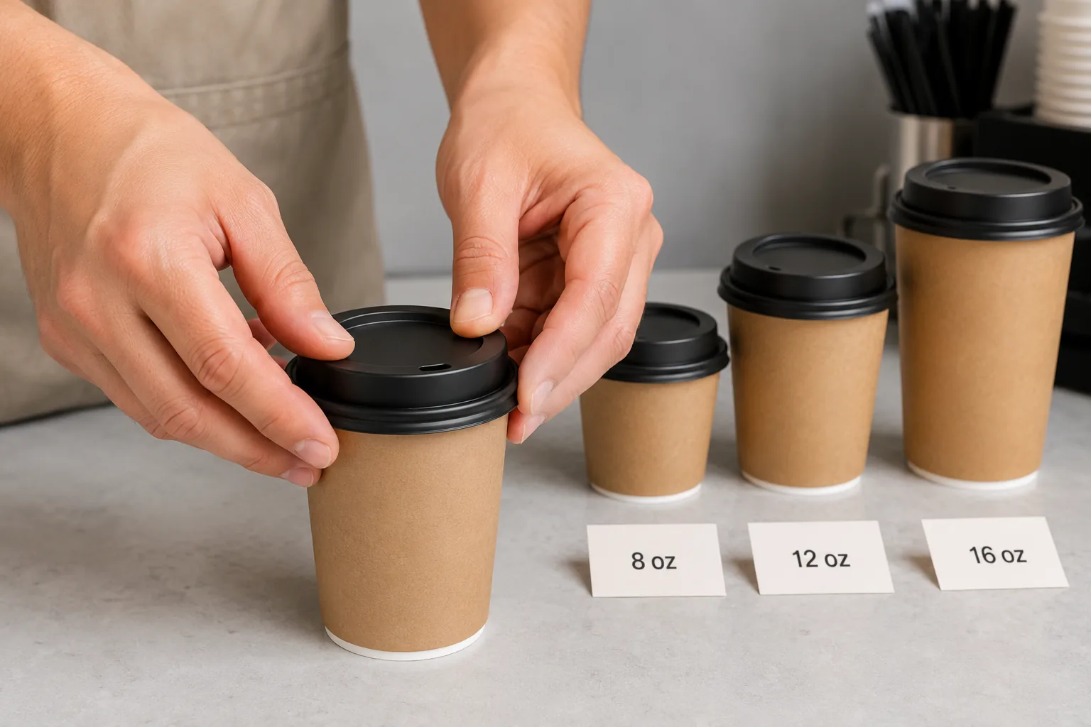 Testing paper coffee cup and lid compatibility for takeaway service
