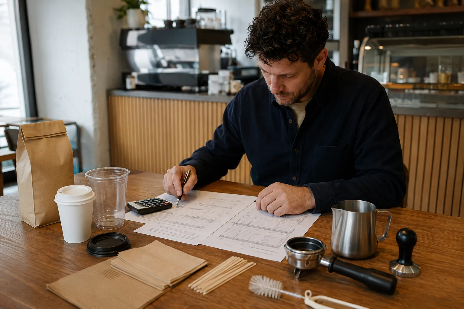 Cafe owner comparing coffee shop supplier specifications