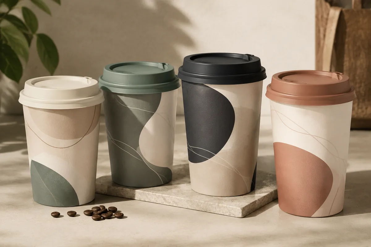 Paper coffee cups with lids in brand colors