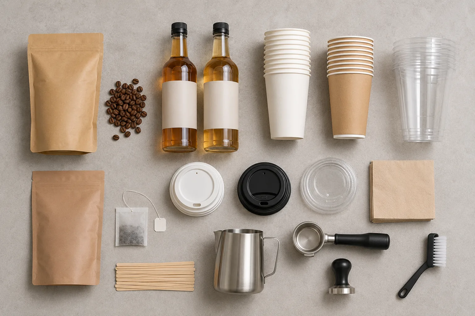 Wholesale cafe supplies including coffee beans, syrups and takeaway cups