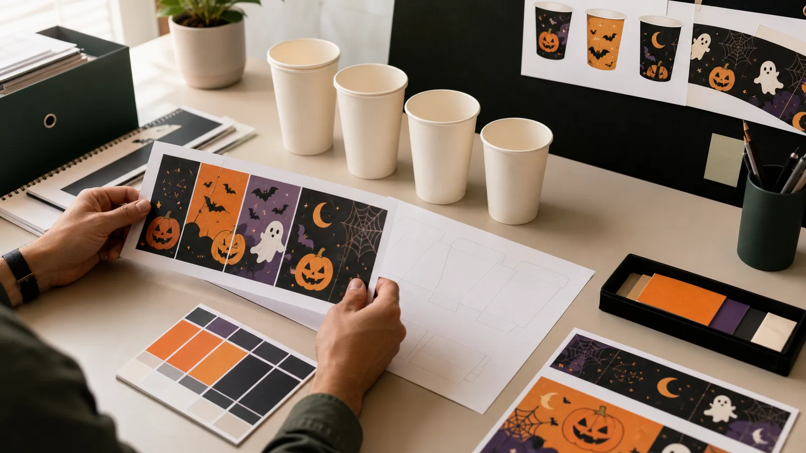 Designer reviewing original Halloween artwork for custom paper cup printing