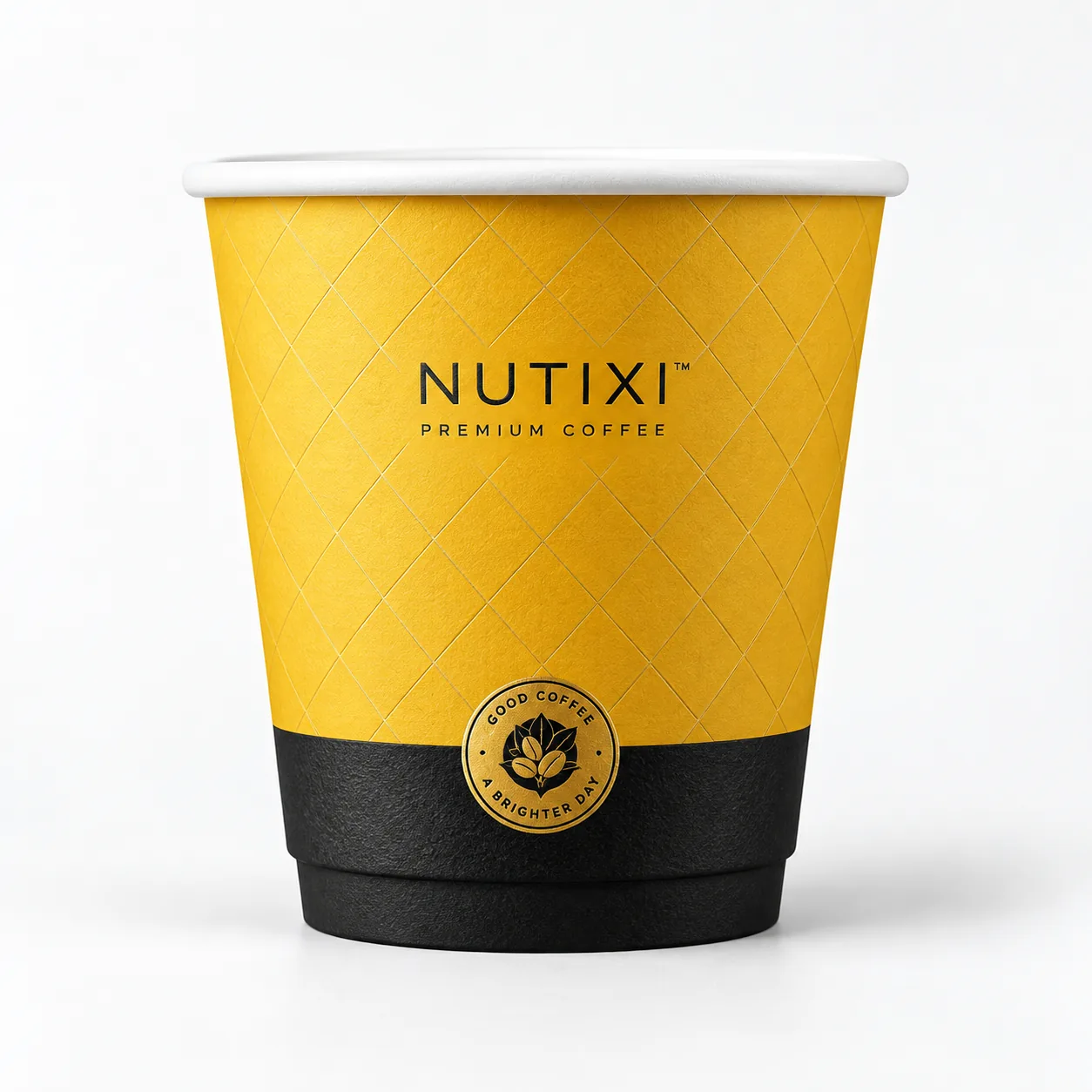 8 oz custom double wall paper cup with gold geometric coffee artwork with a black lower band and premium emblem
