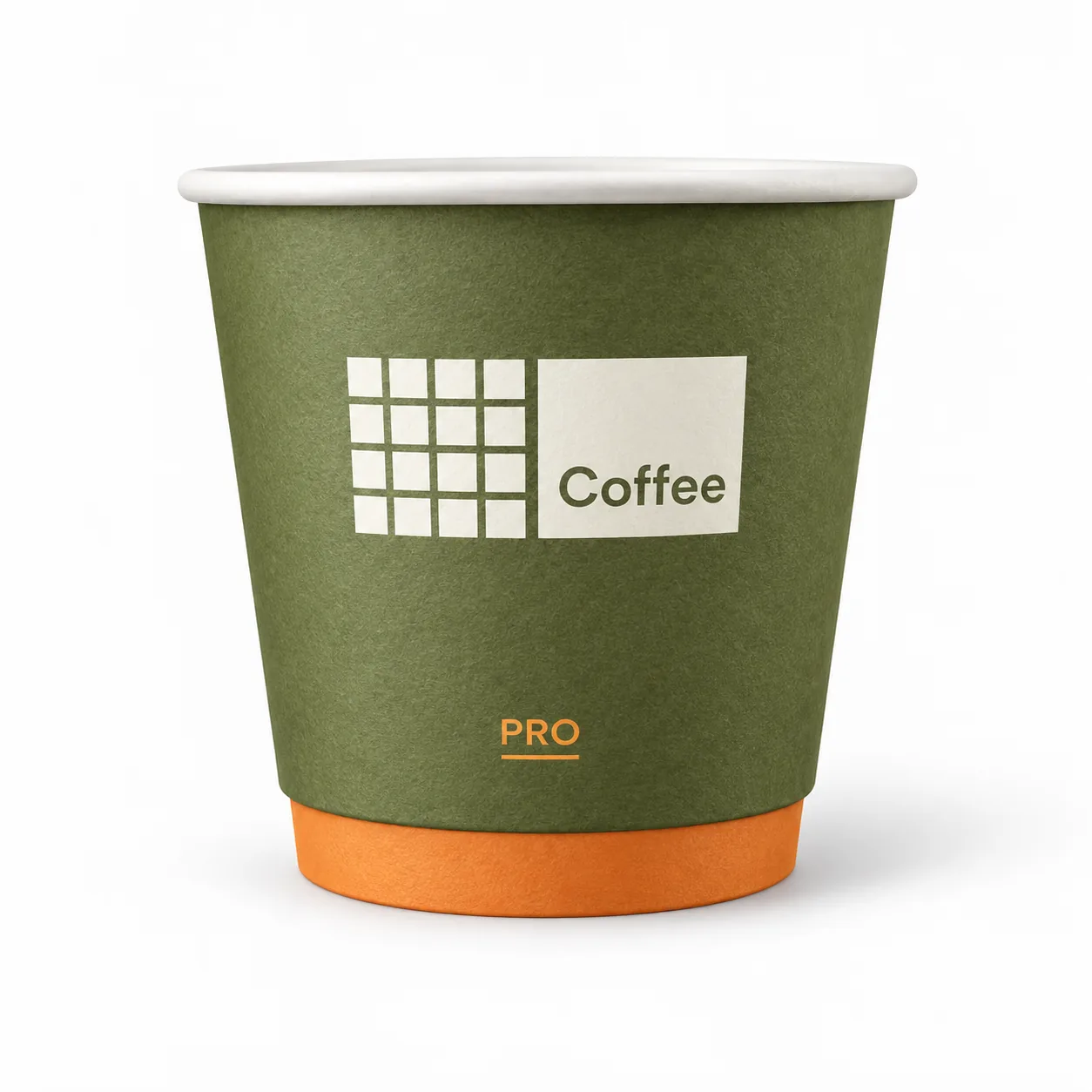 8 oz custom double wall paper cup with olive-green modern geometric coffee artwork with a cream logo panel and orange base accent