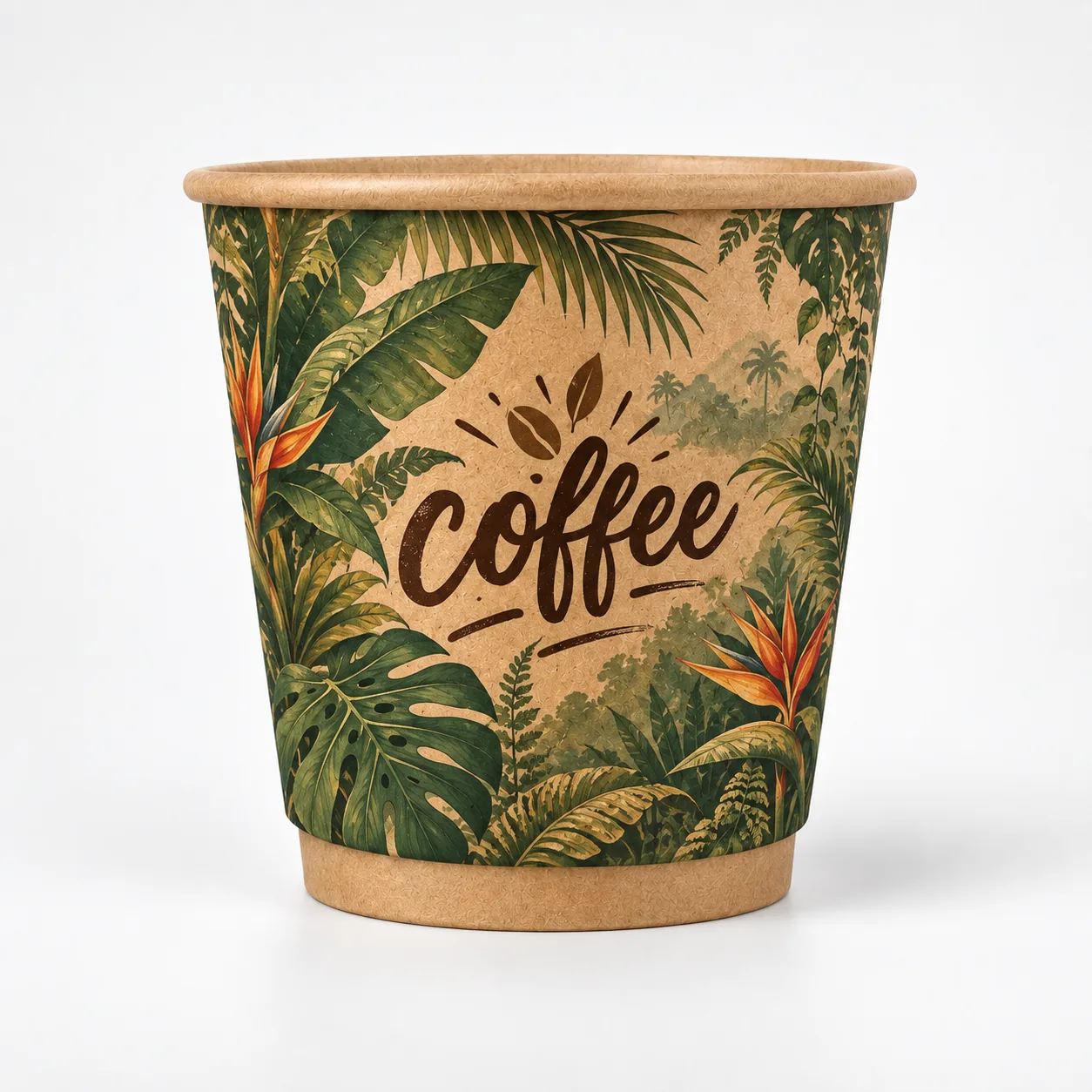8 oz custom double wall paper cup with kraft-style tropical coffee artwork with green foliage and orange bird-of-paradise flowers