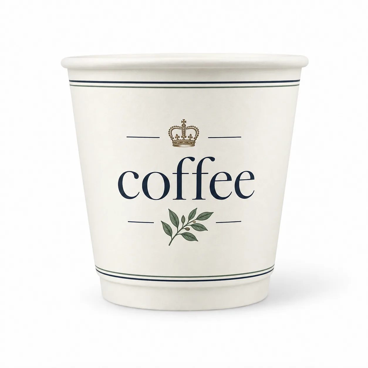 8 oz custom double wall paper cup with minimal ivory coffee artwork with navy typography, a crown emblem and a green leaf detail