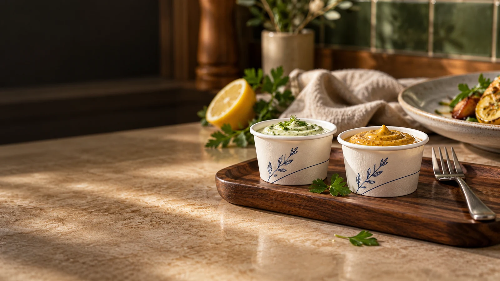 Small botanical paper portion cups holding dips on a restaurant counter