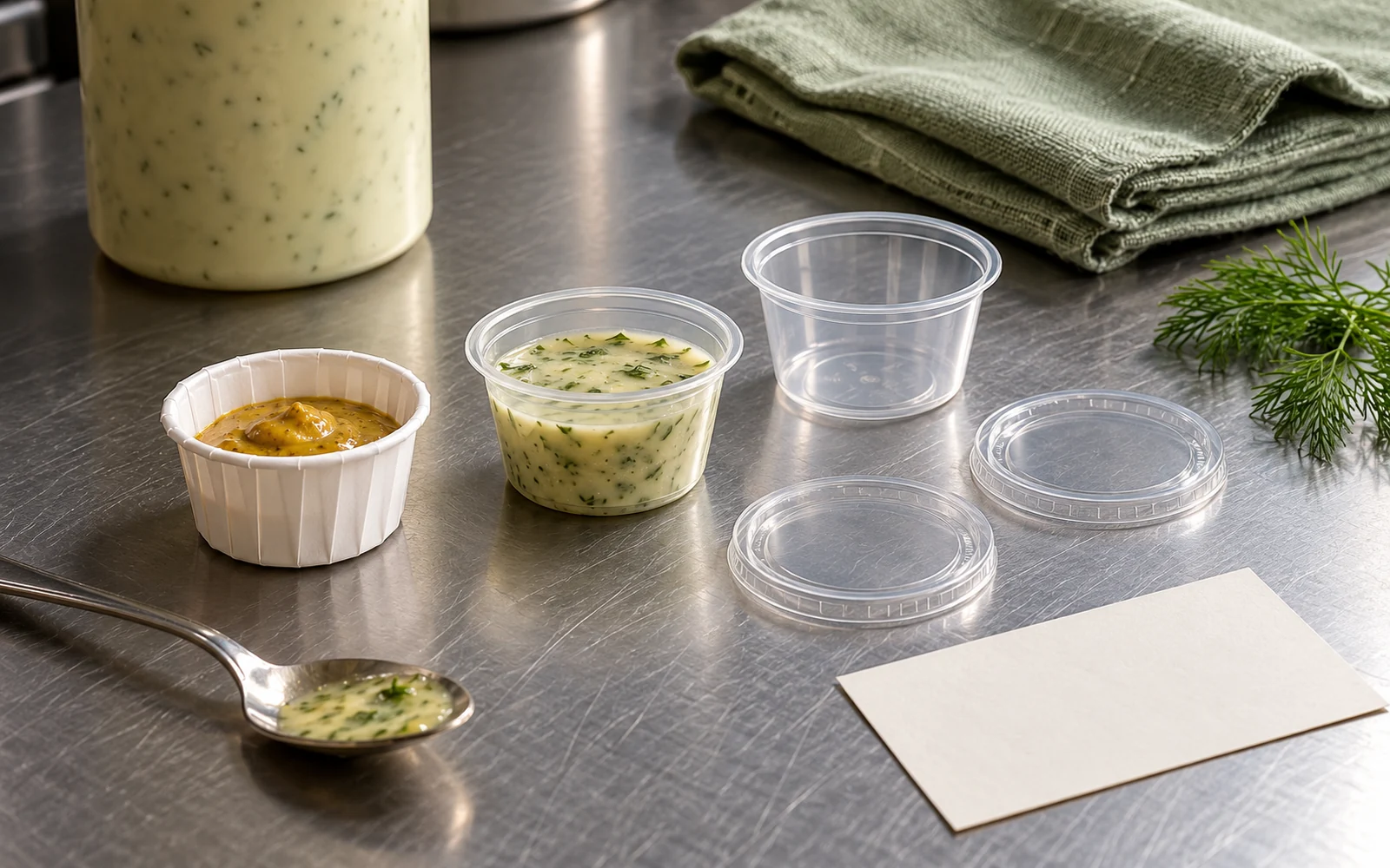 White paper and clear plastic portion cups with separate lids on a prep counter