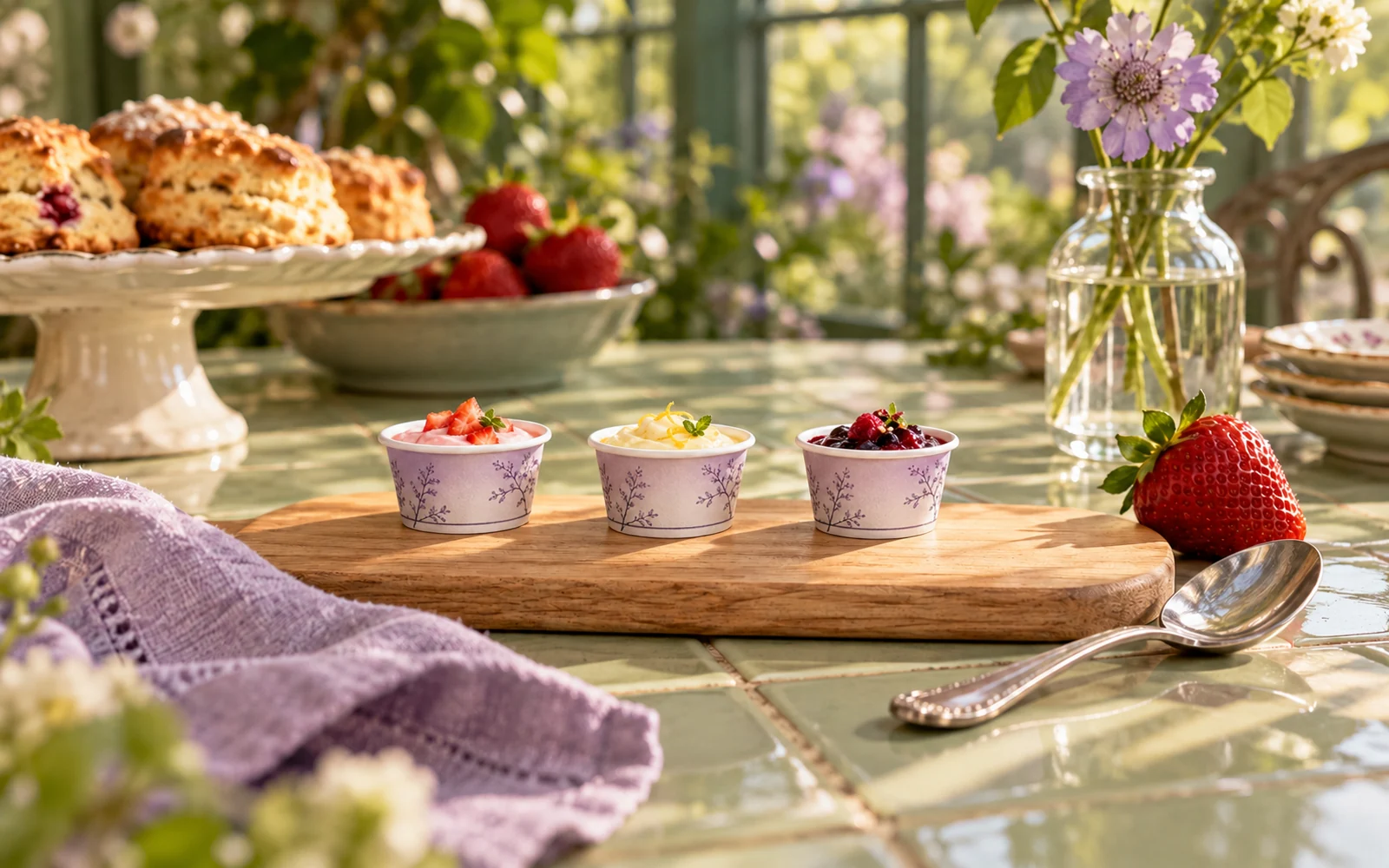 Three miniature lavender paper cups with cold dessert tastings on a wooden board