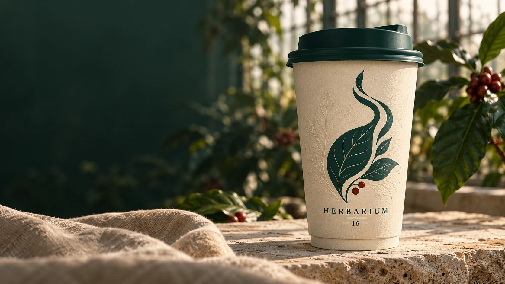 HERBARIUM concept for 16 ounce hot cups with a cream botanical wrap and dark green lid