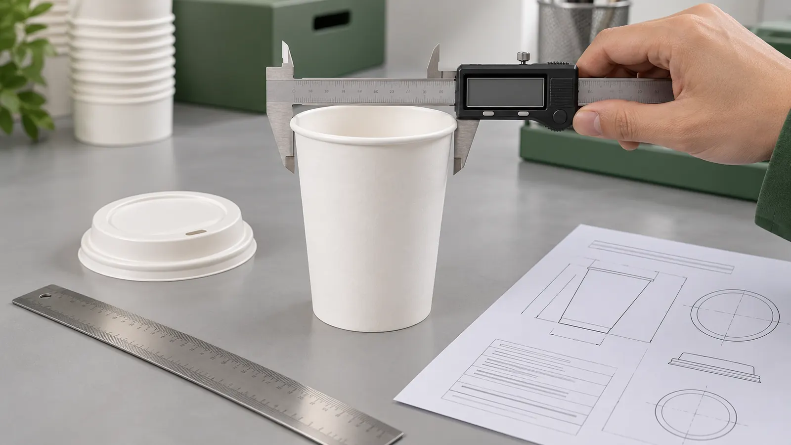 Buyer checking the rim diameter height and lid fit of a 16 oz paper cup