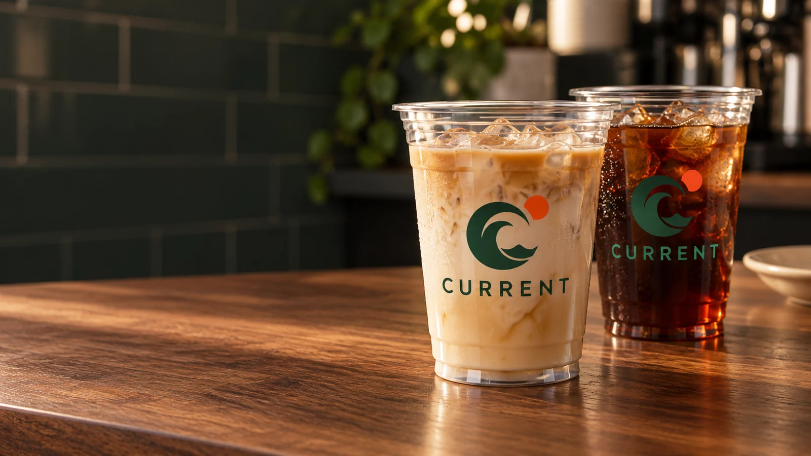 16 oz personalized plastic cups with an original CURRENT café logo