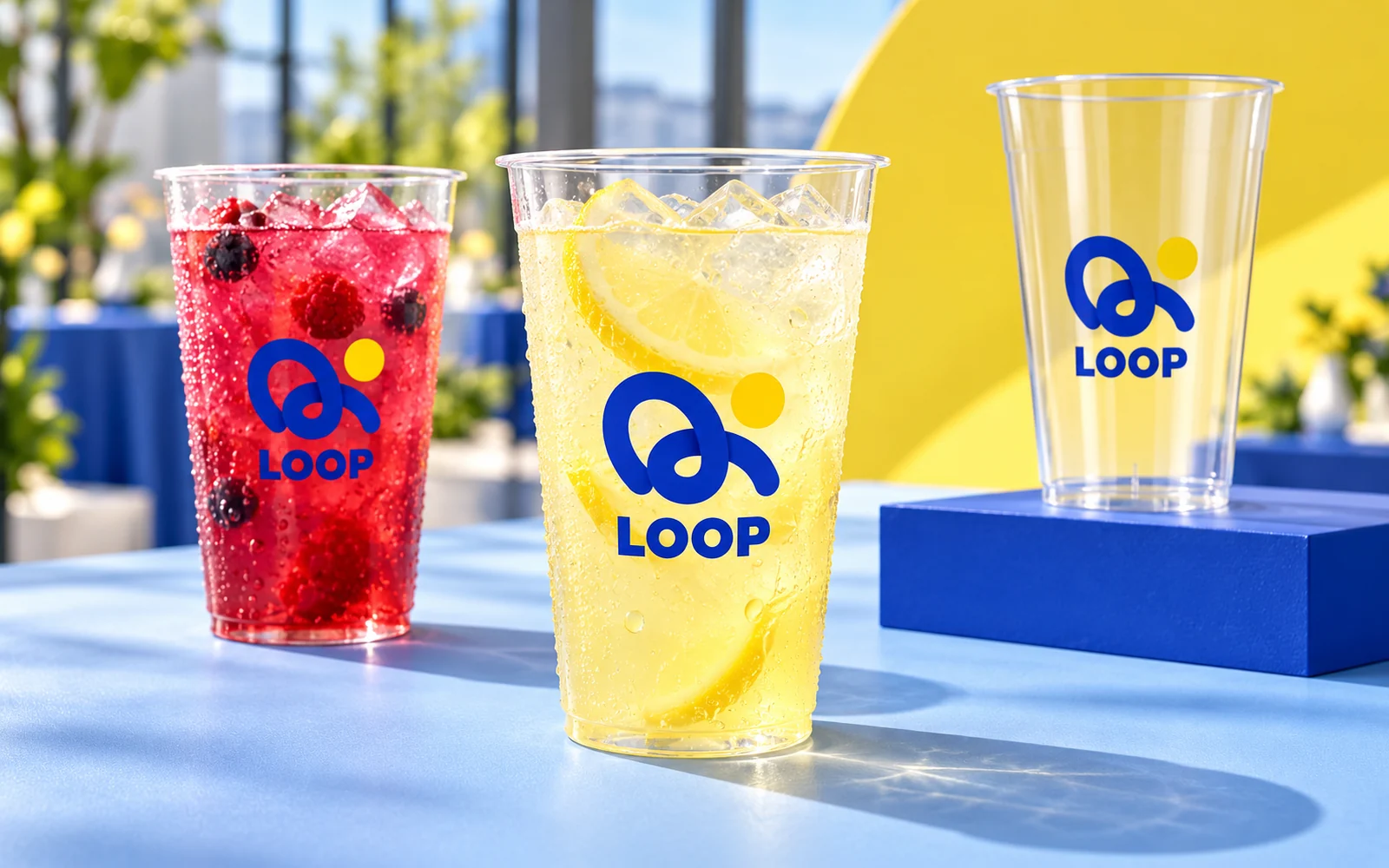 Clear 16 oz plastic cups with an original blue and yellow LOOP logo design