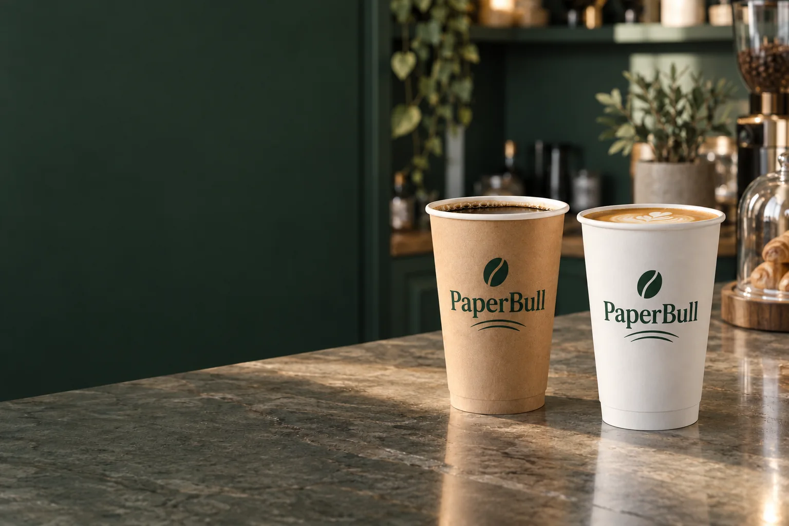 Illustrative cafe scene with PaperBull printed kraft and white 16 oz paper coffee cups