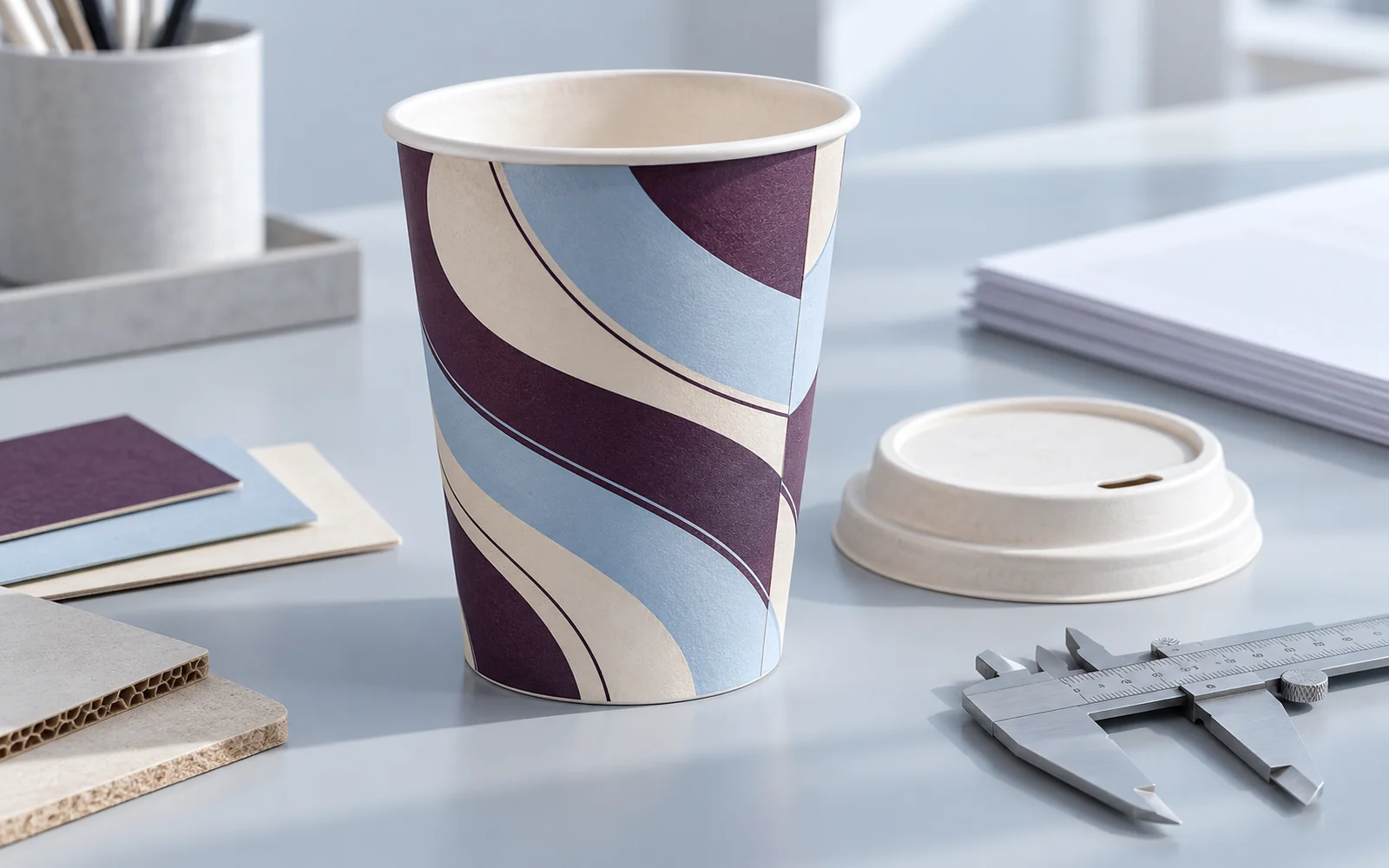 Buyer reviewing an abstract paper cup design with lid and specification samples