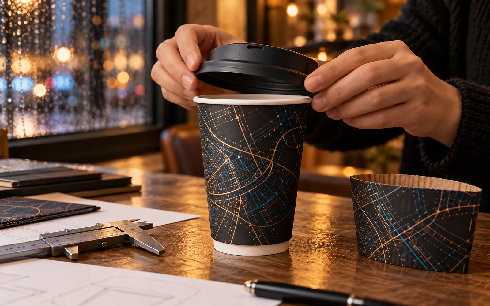 Buyer aligning a lid with a dark patterned paper coffee cup sample