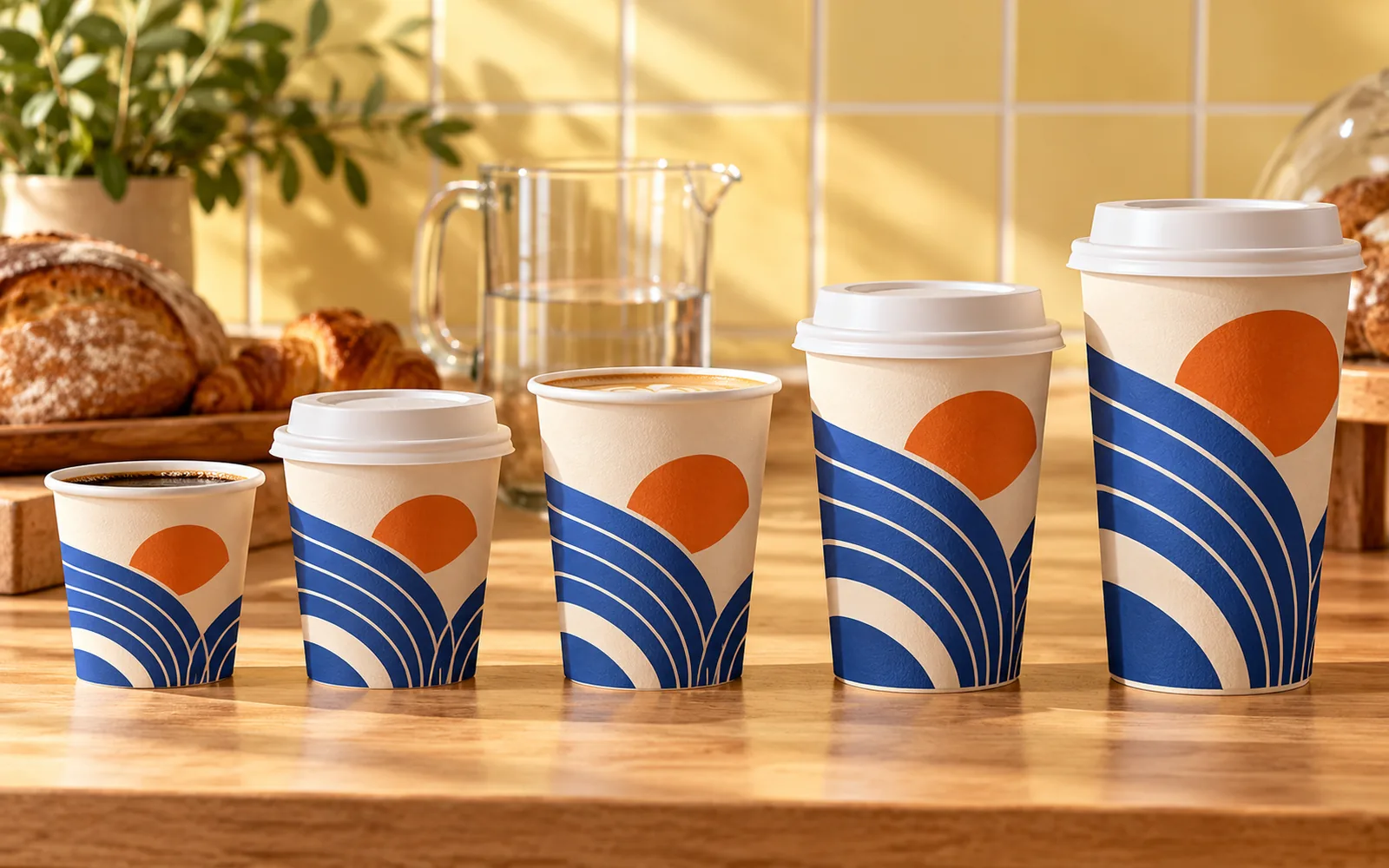 Five paper coffee cup sizes with blue and orange abstract artwork