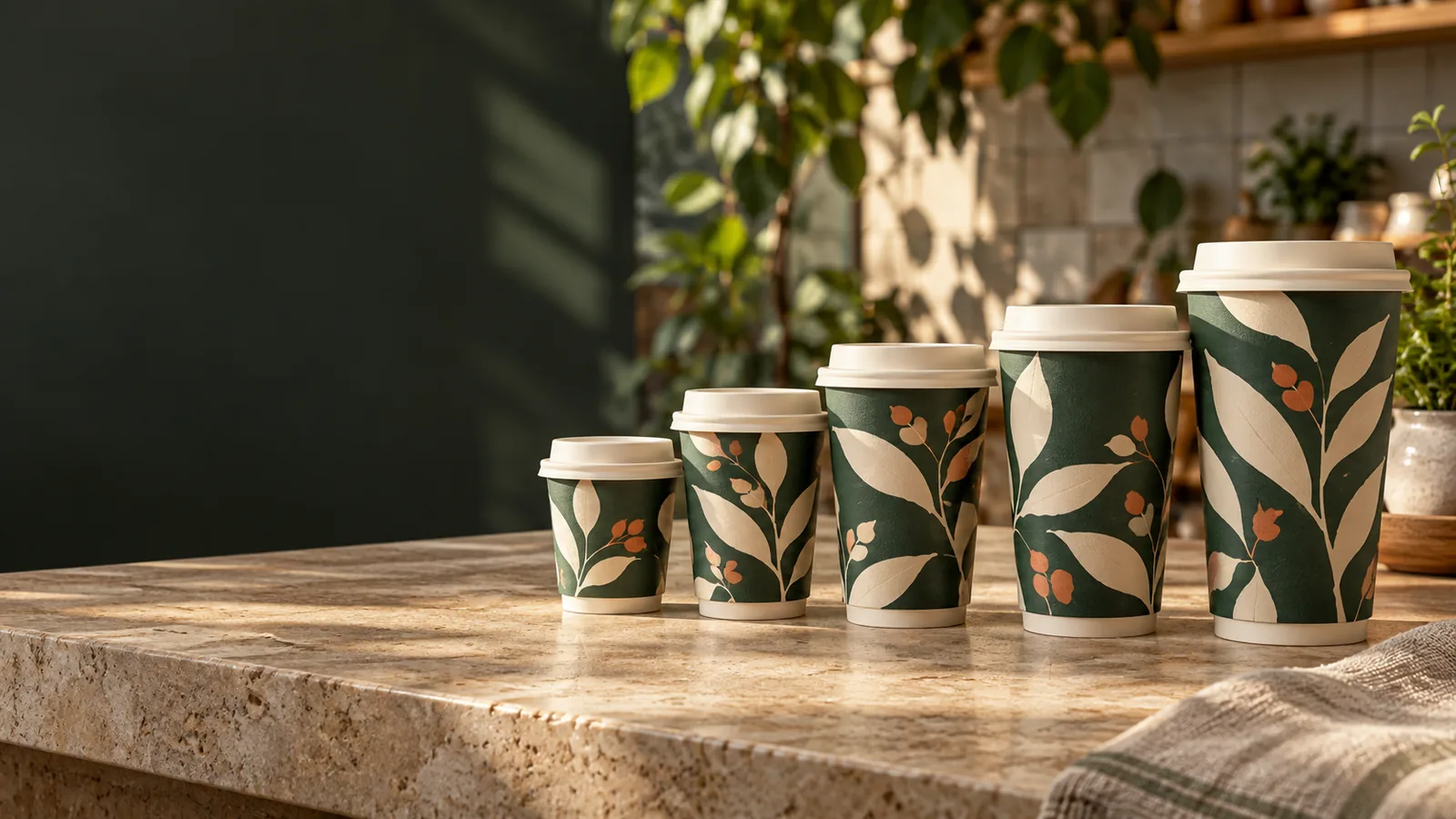Coffee cup sizes compared in a botanical paper cup series