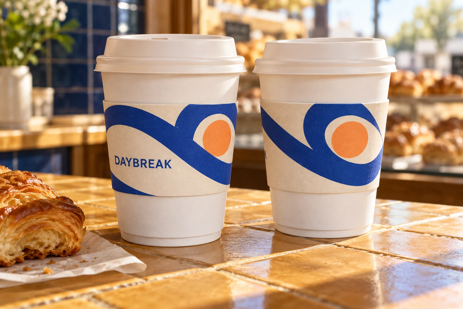 Two white paper cups with cream sleeves, cobalt loops and apricot circles on a sunlit bakery counter