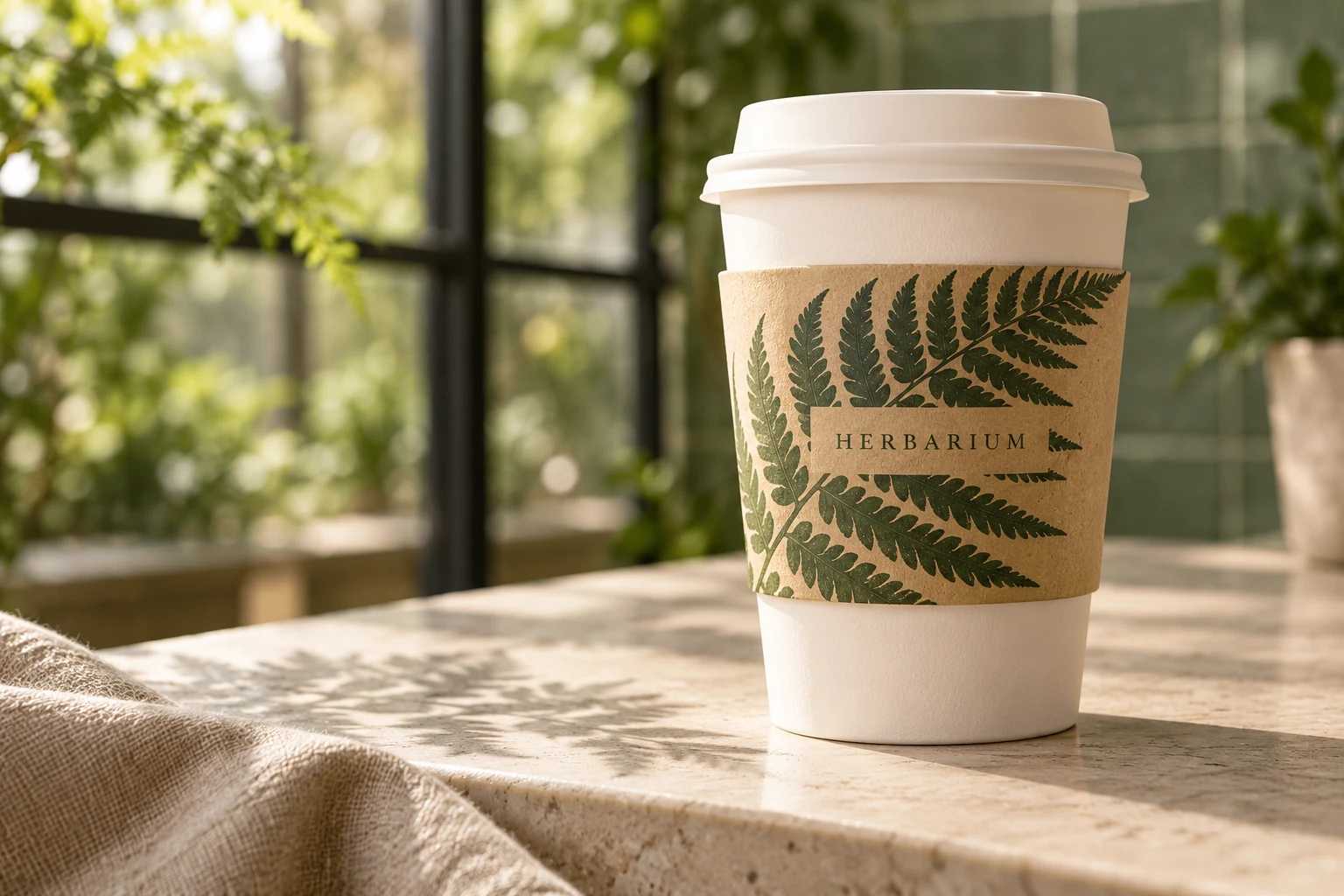 Cup sleeve design with a dark green fern on a kraft band around a white paper cup in a greenhouse cafe