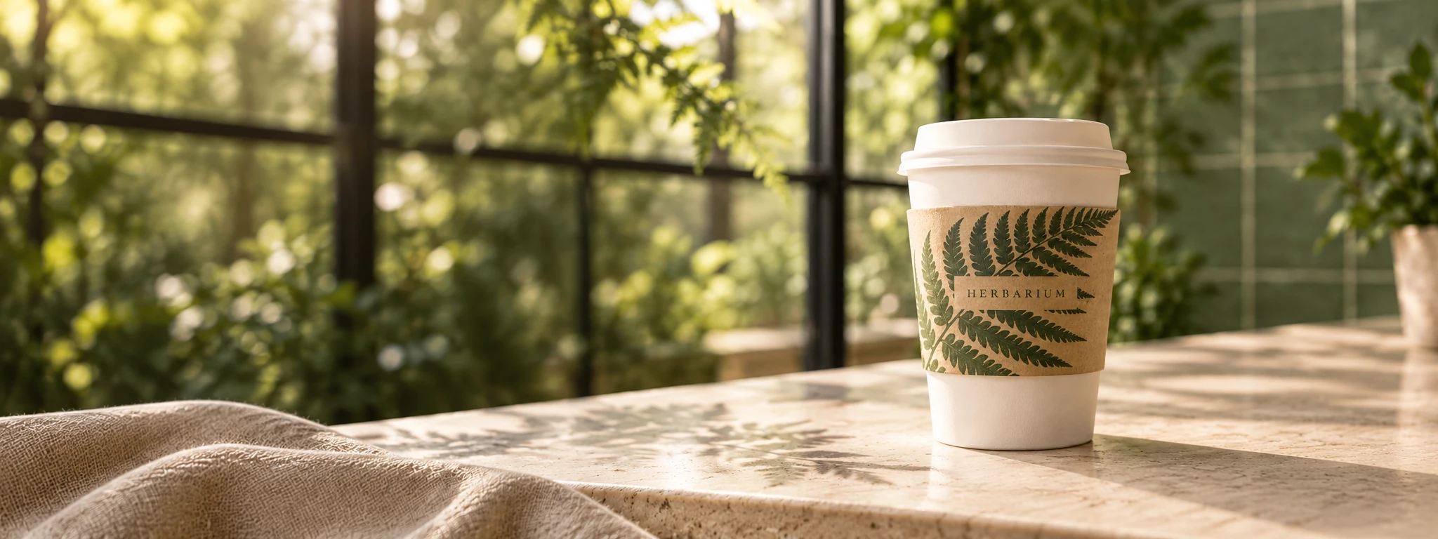 Wide greenhouse cafe banner with a white paper cup and green fern kraft sleeve on the right