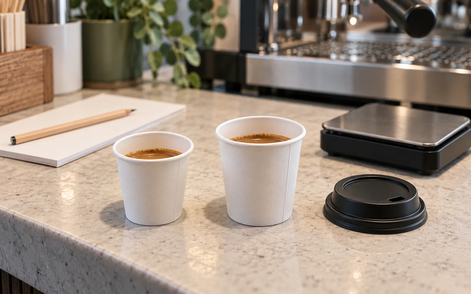 Comparing small takeaway espresso cup samples before selecting a cup and lid