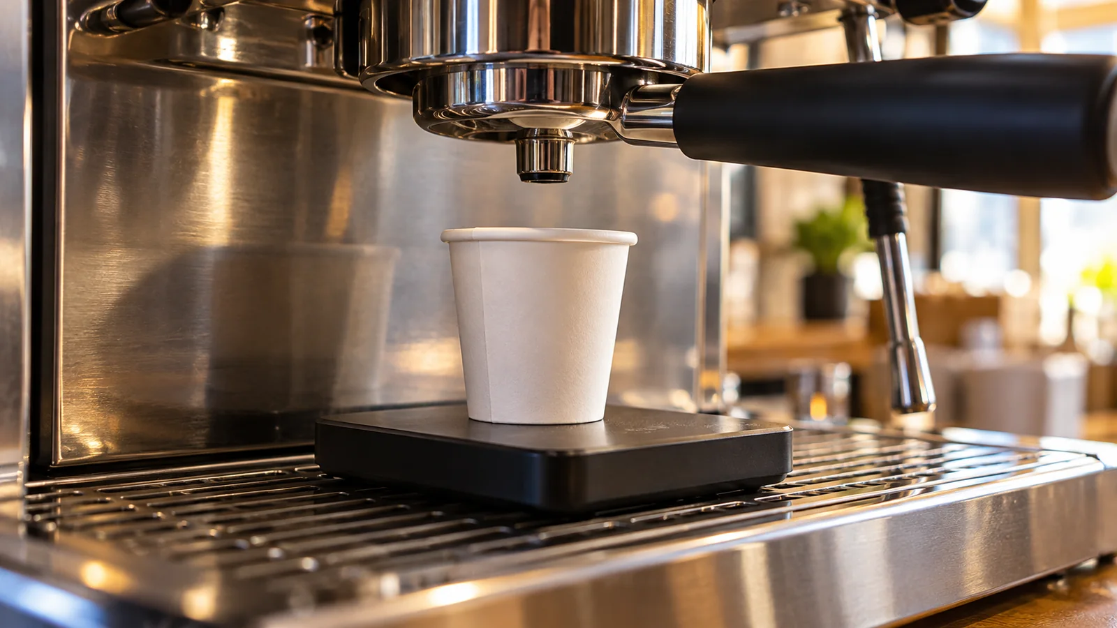 Small paper espresso cup positioned on a scale beneath a coffee machine outlet