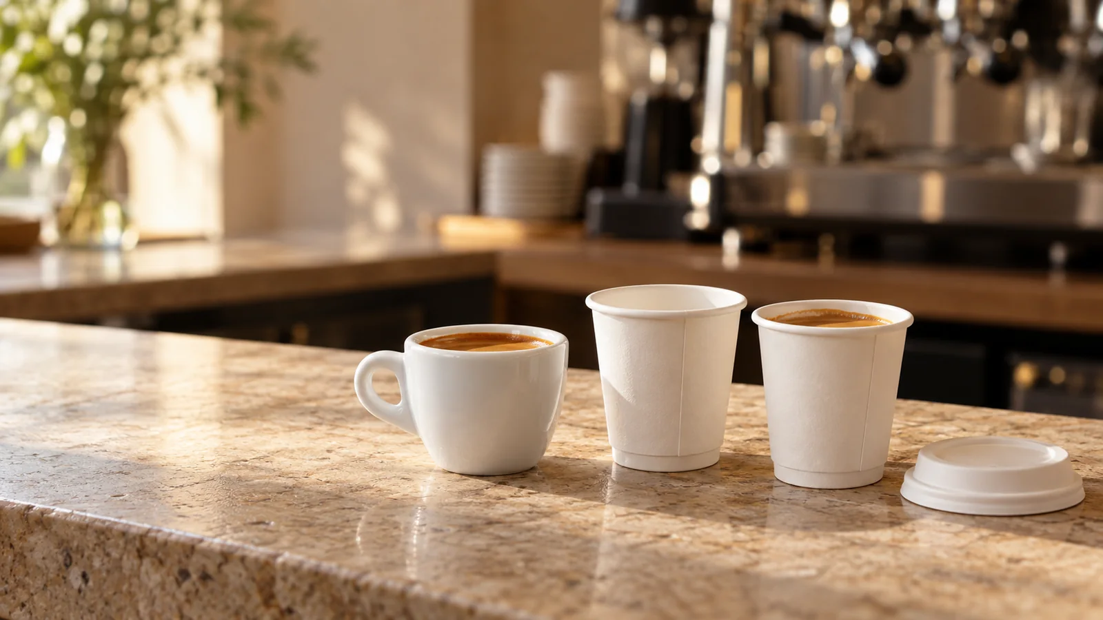 Espresso cup size comparison with small ceramic and paper cups on a cafe counter