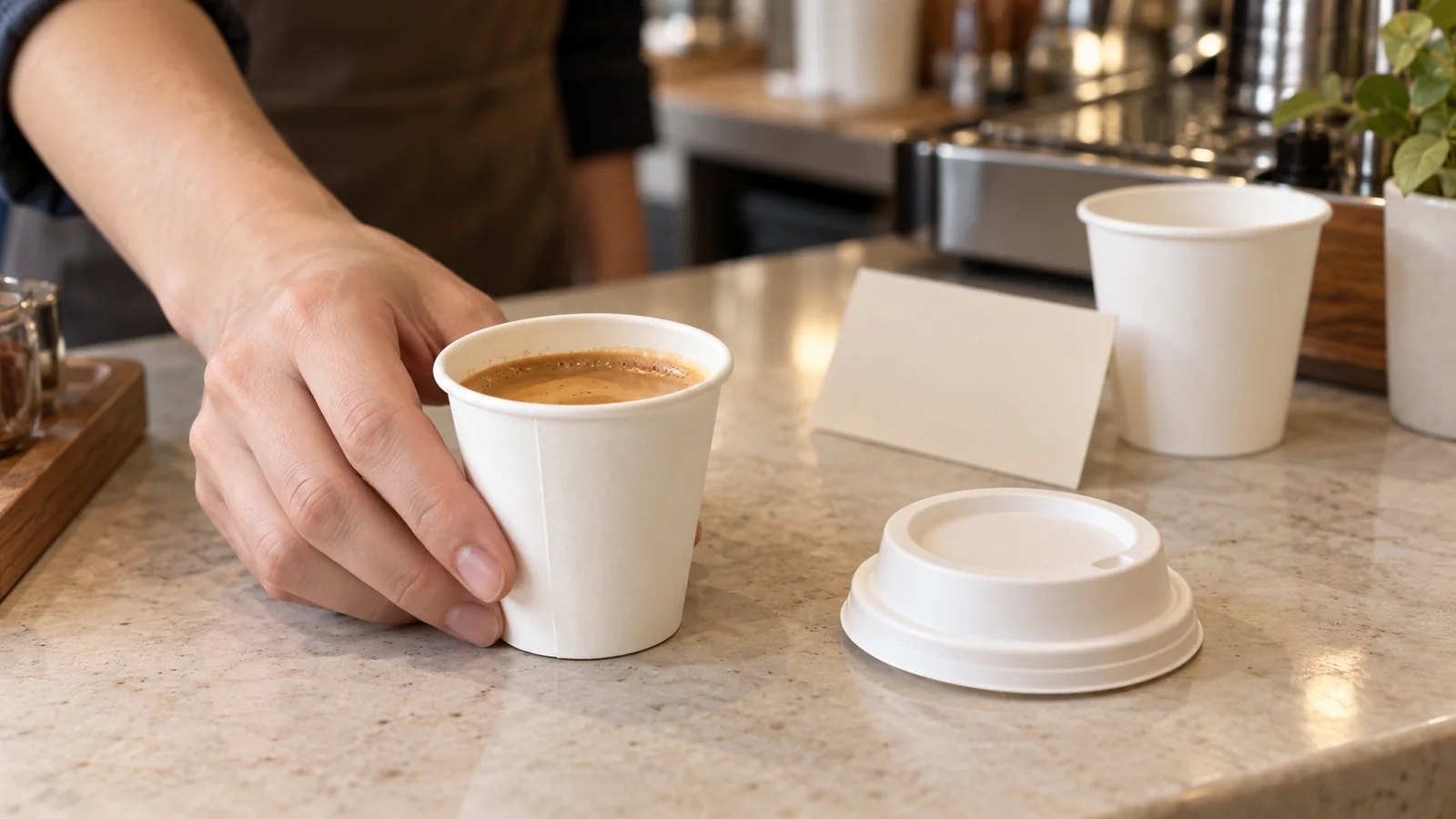 Cafe staff comparing a filled small paper espresso cup with its separate lid