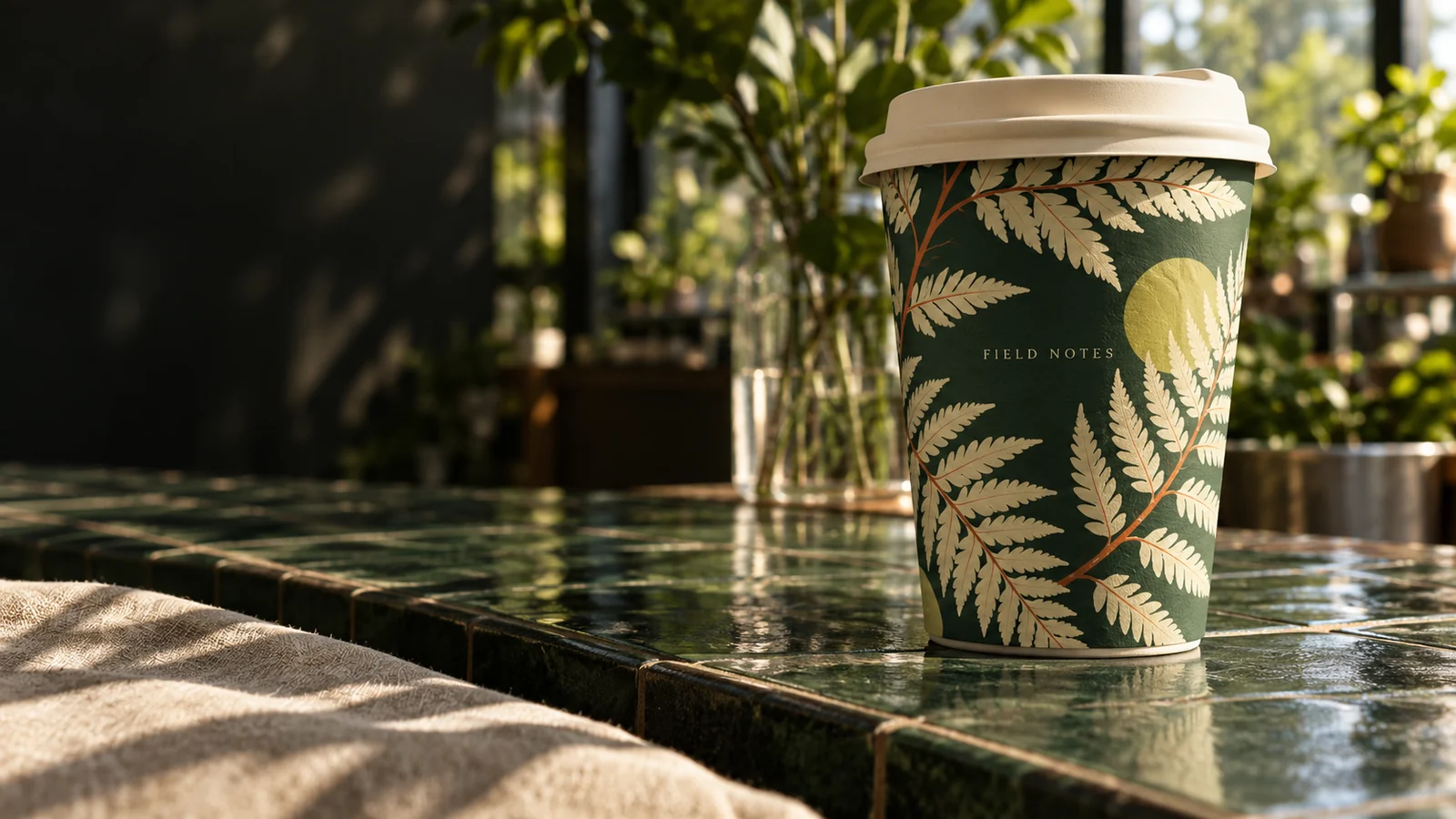 Forest green double-wall paper cup with ivory fern graphics on a greenhouse cafe counter