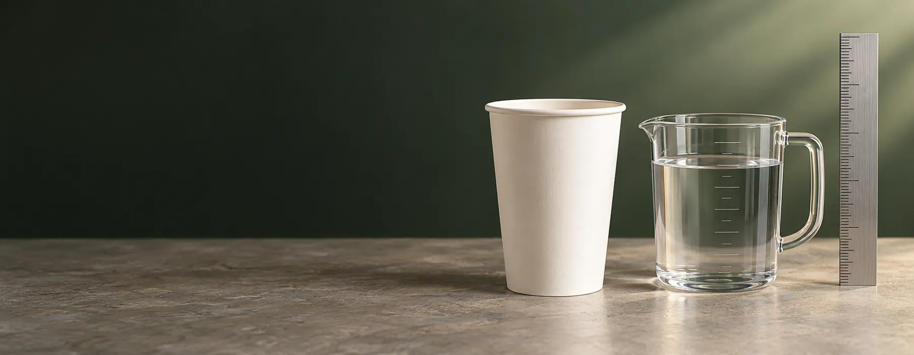 16 oz paper cup beside a metric ruler and measuring jug for size comparison
