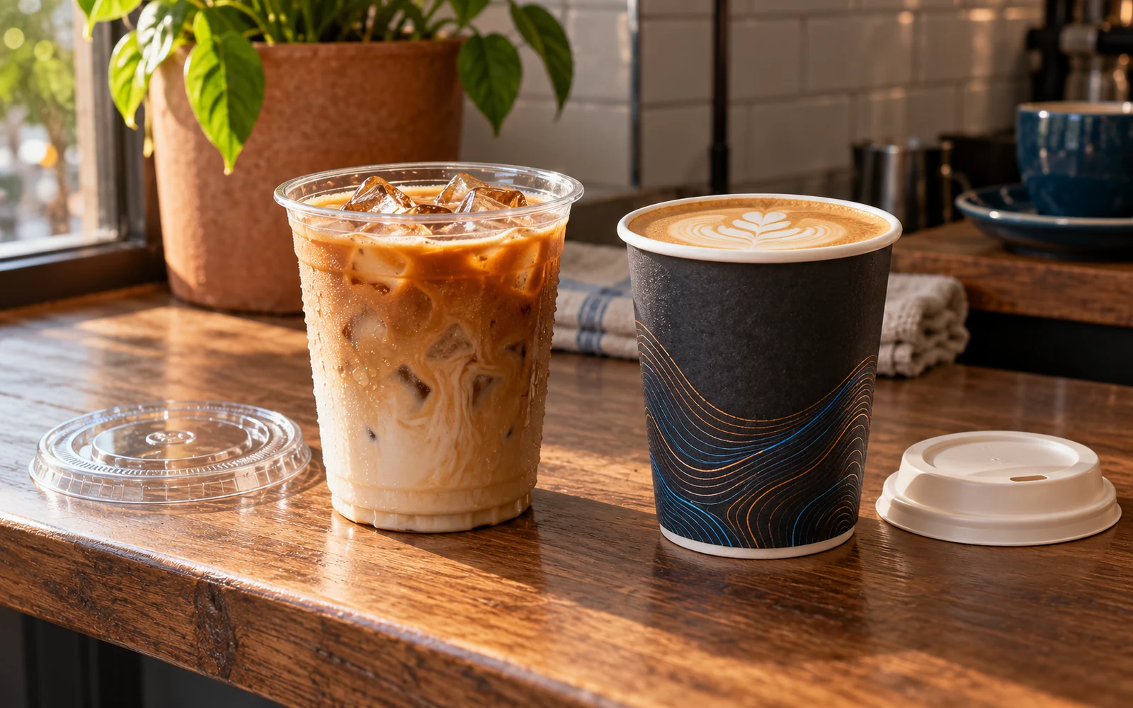 Clear iced latte cup with ice beside a hot paper cup and separate lids