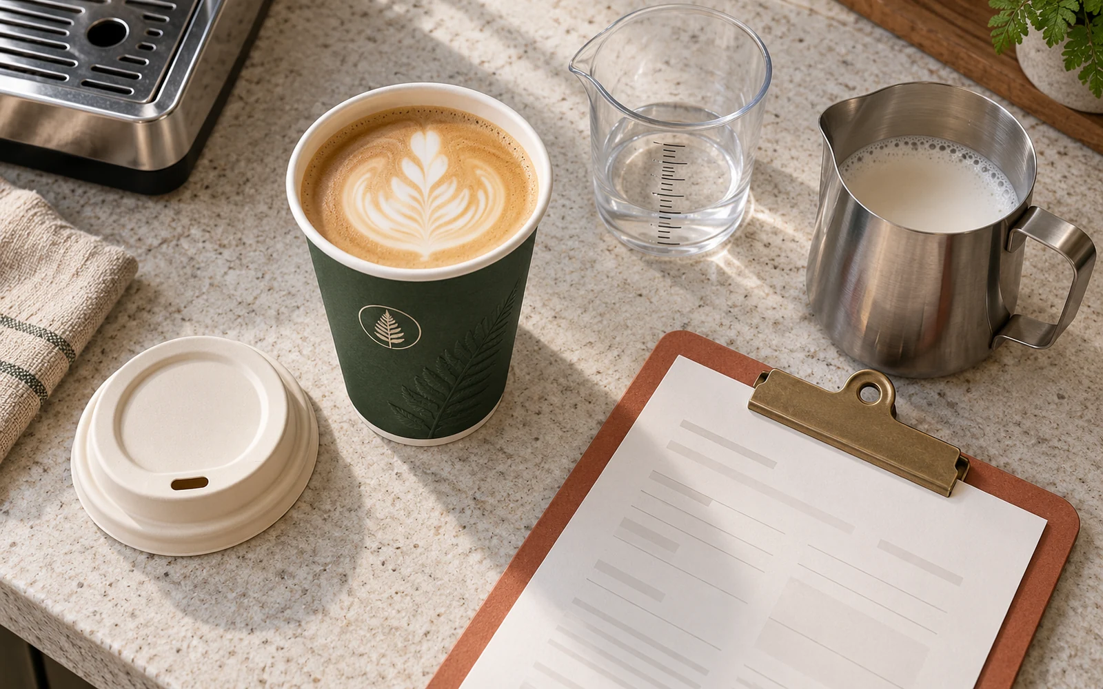 Open paper latte cup beside a graduated vessel, recipe sheet and matching lid