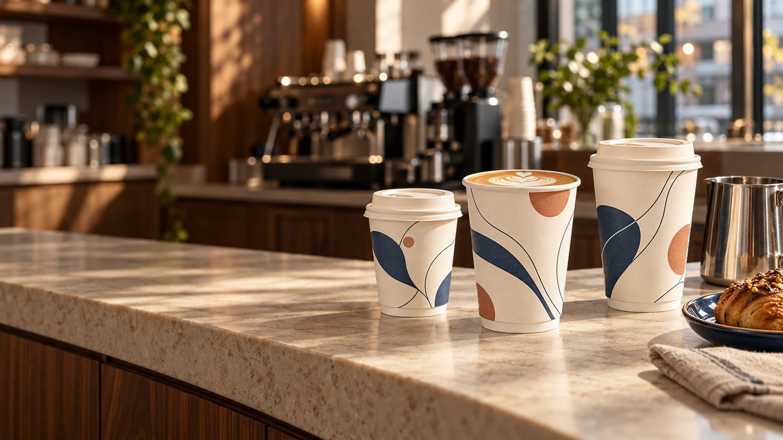 Different latte cup sizes arranged on a café counter beside a milk pitcher