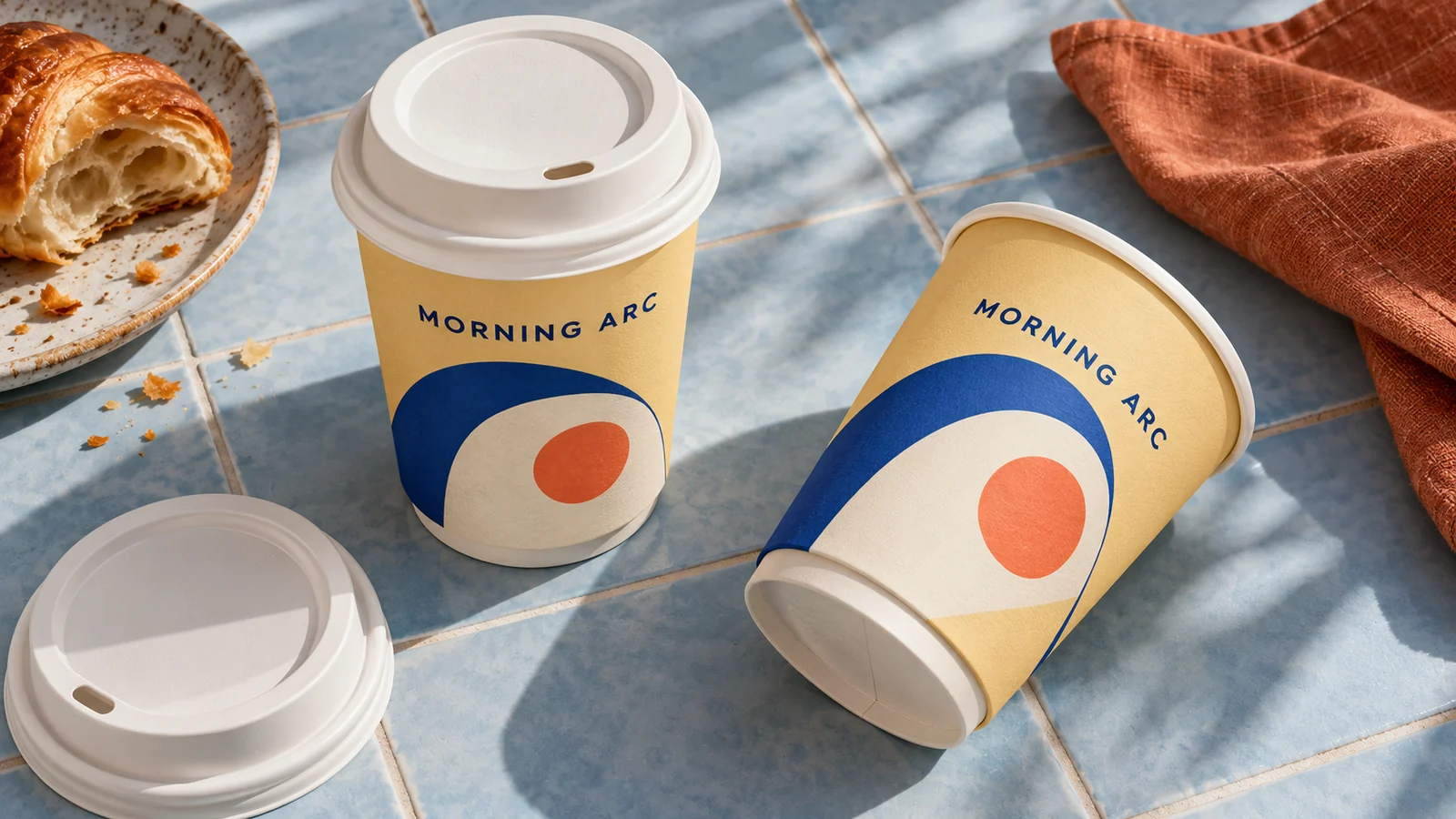 Butter yellow double-wall paper cups with cobalt arches and coral circles on blue cafe tiles