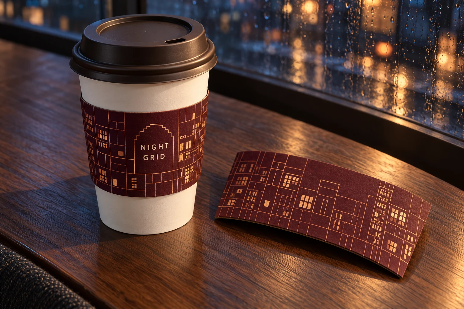 White paper cup with a burgundy city-grid sleeve beside a flattened matching sleeve on a walnut table