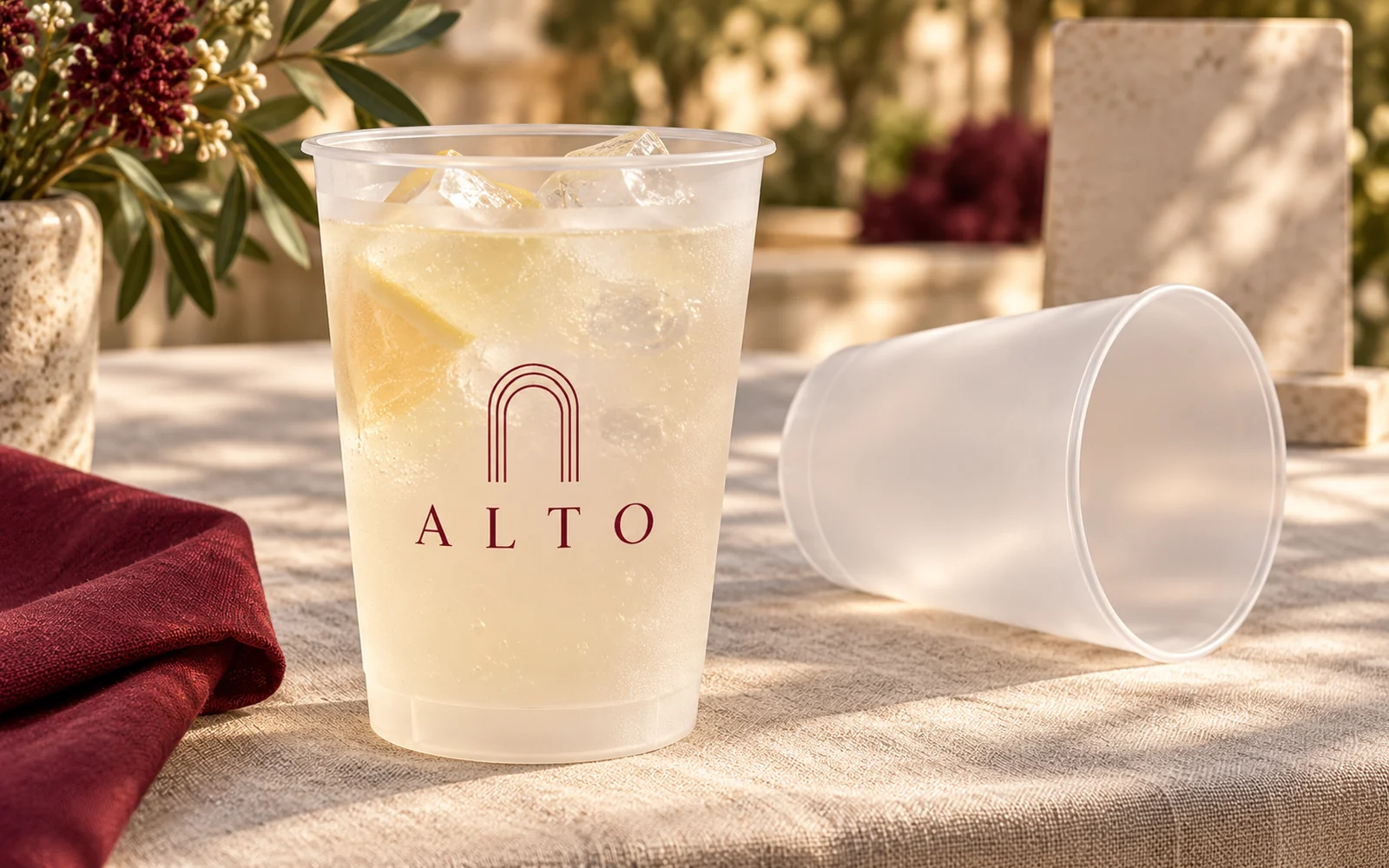 Personalized 16 oz frosted plastic cups with an original ALTO event design