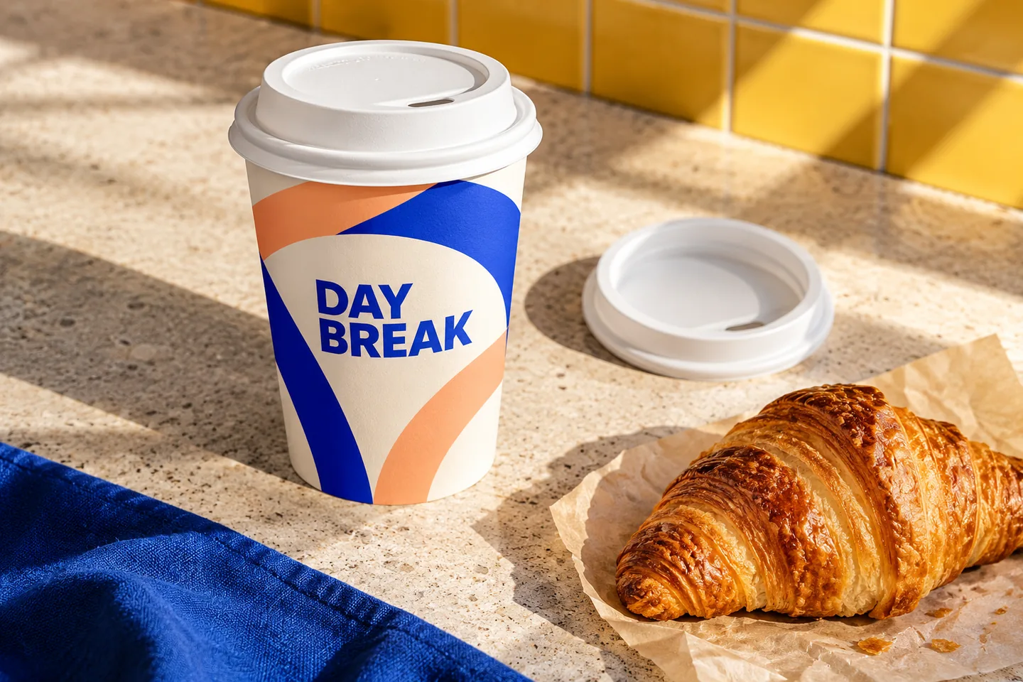 DAYBREAK double-wall paper cup design with cobalt and apricot arches beside a croissant