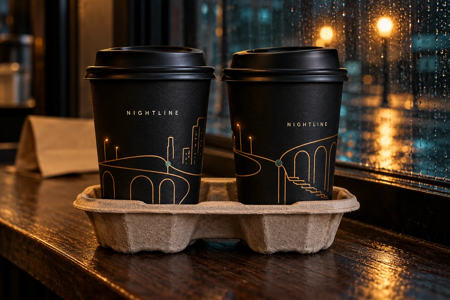 Two NIGHTLINE black paper cup concepts with amber city-route graphics in a fiber carrier